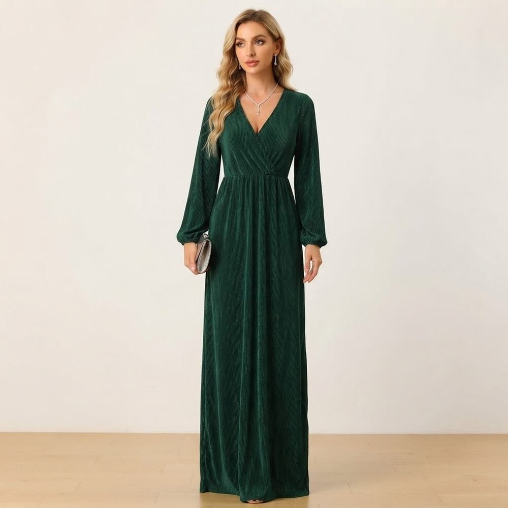 Baltic Born Maxi Dress L Venus Pleated Forest Green Formal Holiday Party Formal